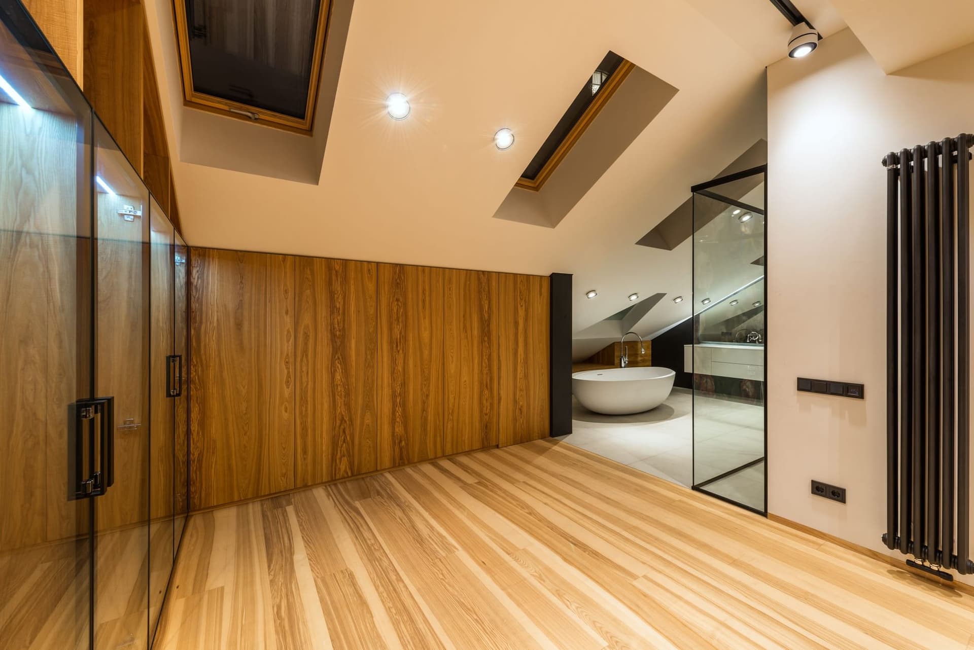 Bathroom built into a loft, with a glass partition, timber wall and rooflights in the sloping ceiling